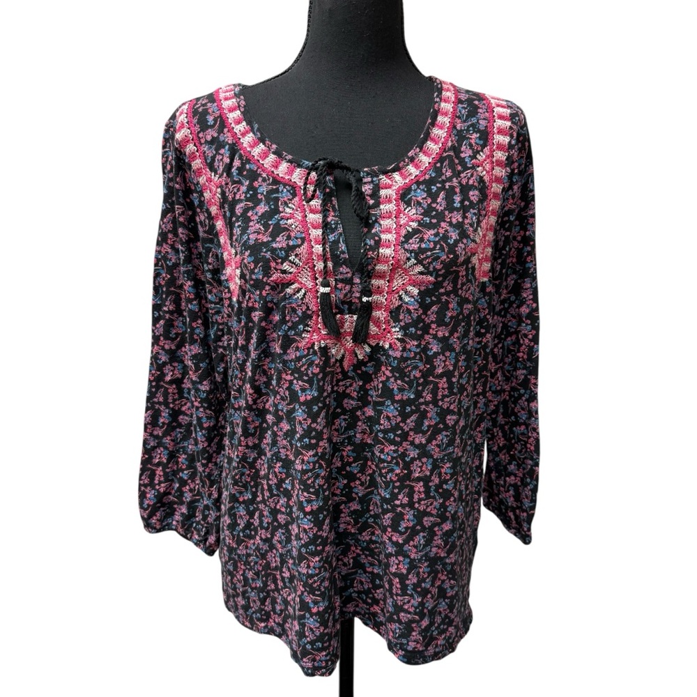 Lucky Brand Black Pink Floral Embroidered Boho Peasant Blouse Tassel Tie XL - Picture 1 of 8